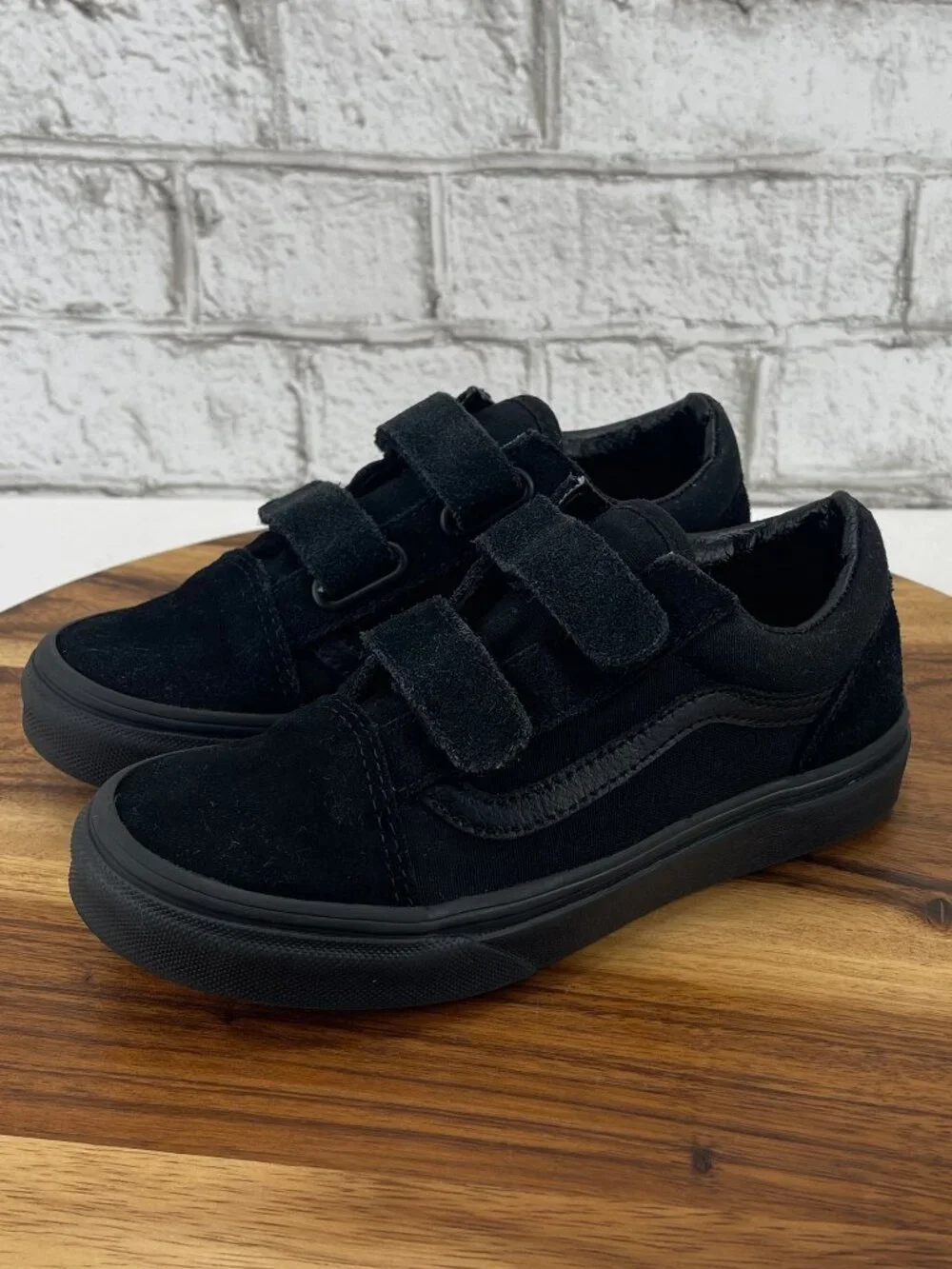 Vans Little Kids Old Skool V Blackout Suede Canvas Hook & Loop Shoes Sz. 2